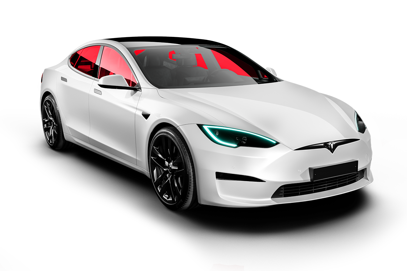 White Tesla sedan with black wheels and red tinted windows on white background.