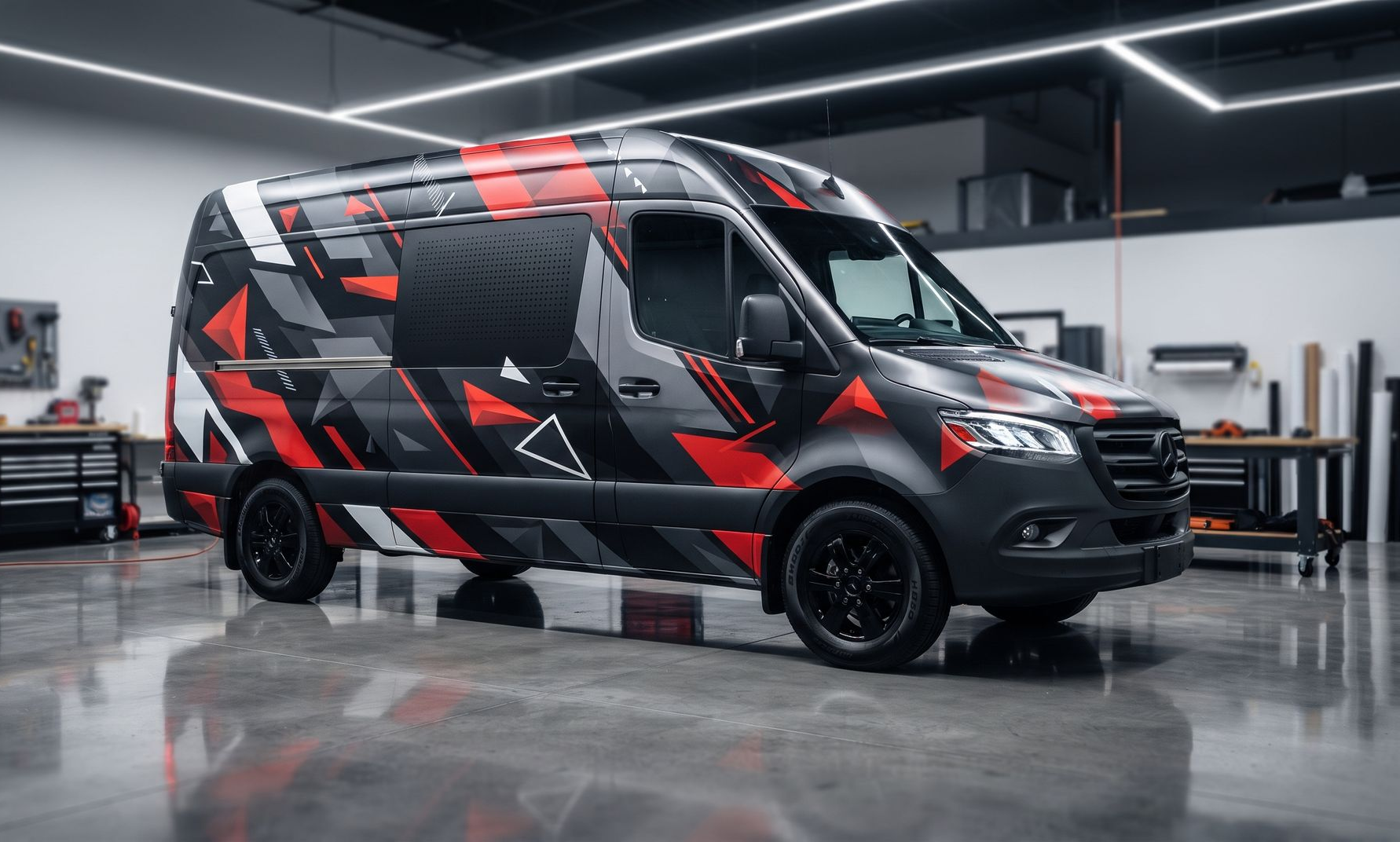Red and black geometric-wrapped van in a modern garage or workshop