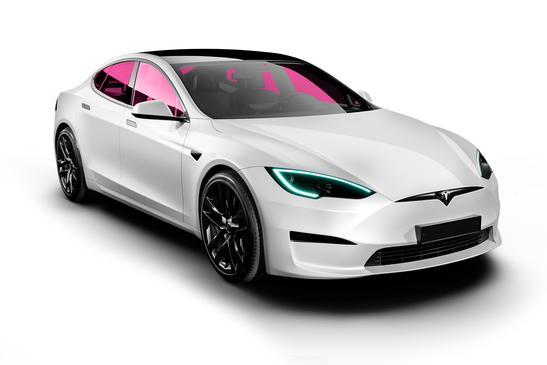 White Tesla car with pink-tinted windows and black wheels. Cyan accent around headlights.