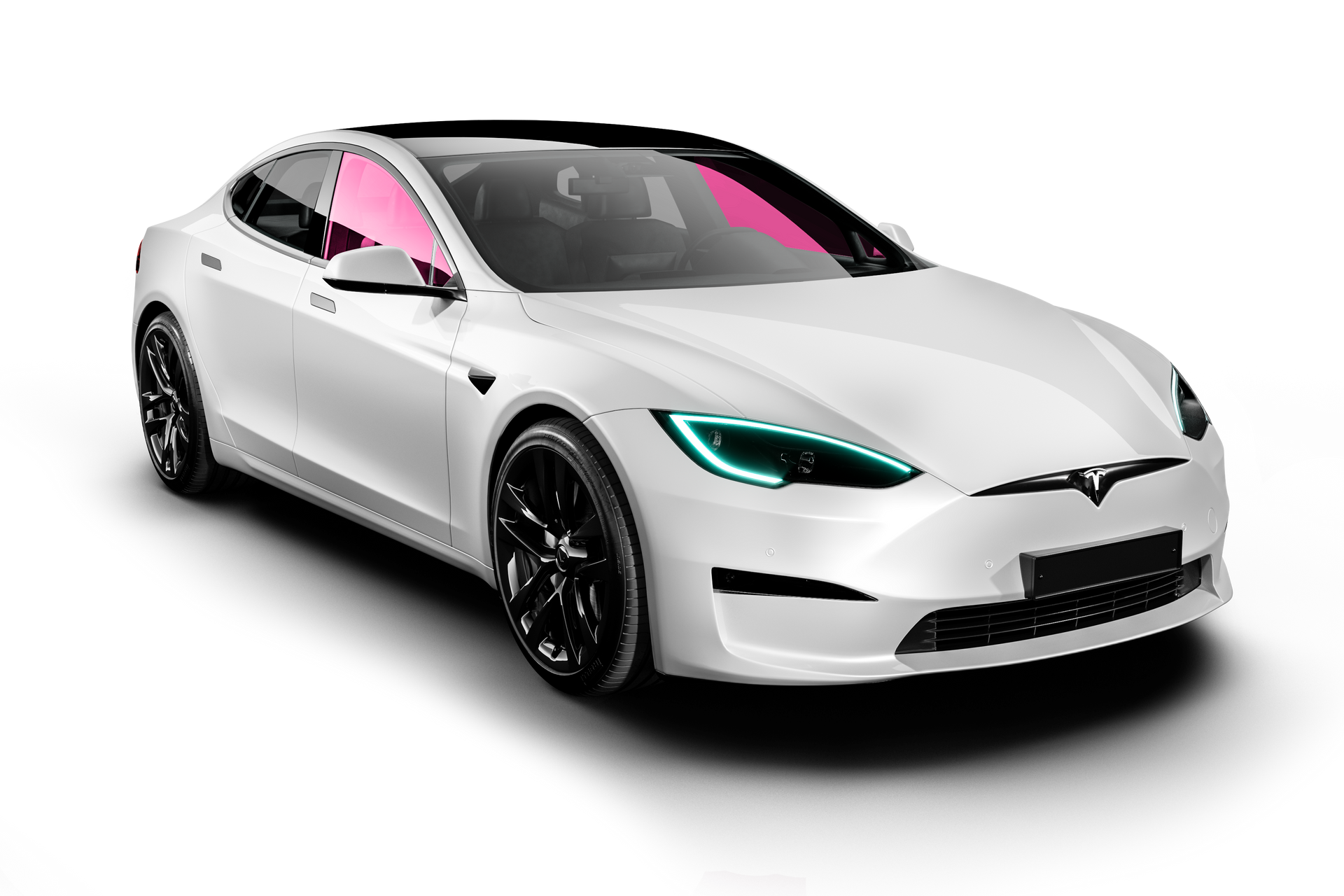 White Tesla sedan with pink-tinted windows and black wheels, angled on white background.
