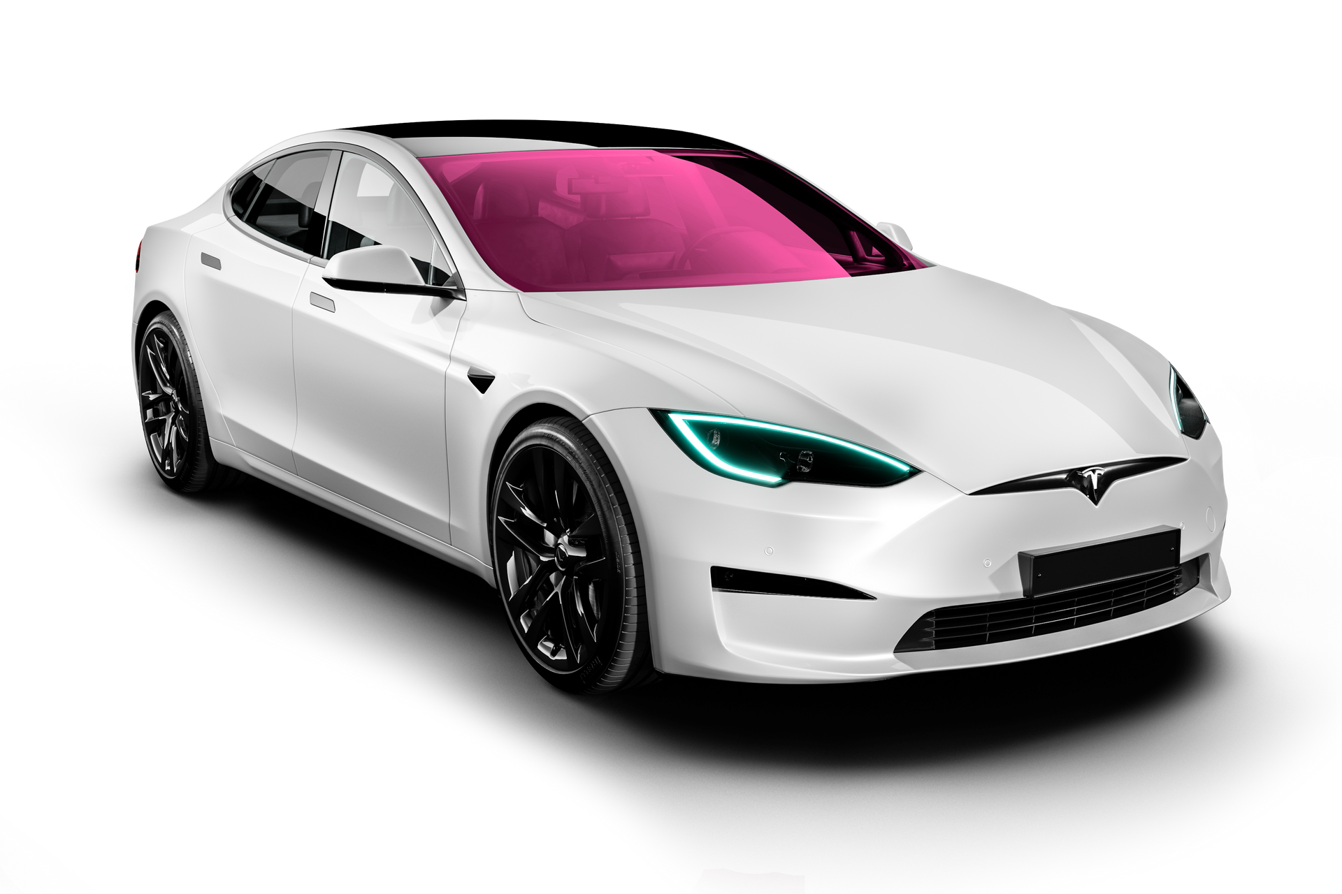 White Tesla car with pink tinted windows and black wheels.