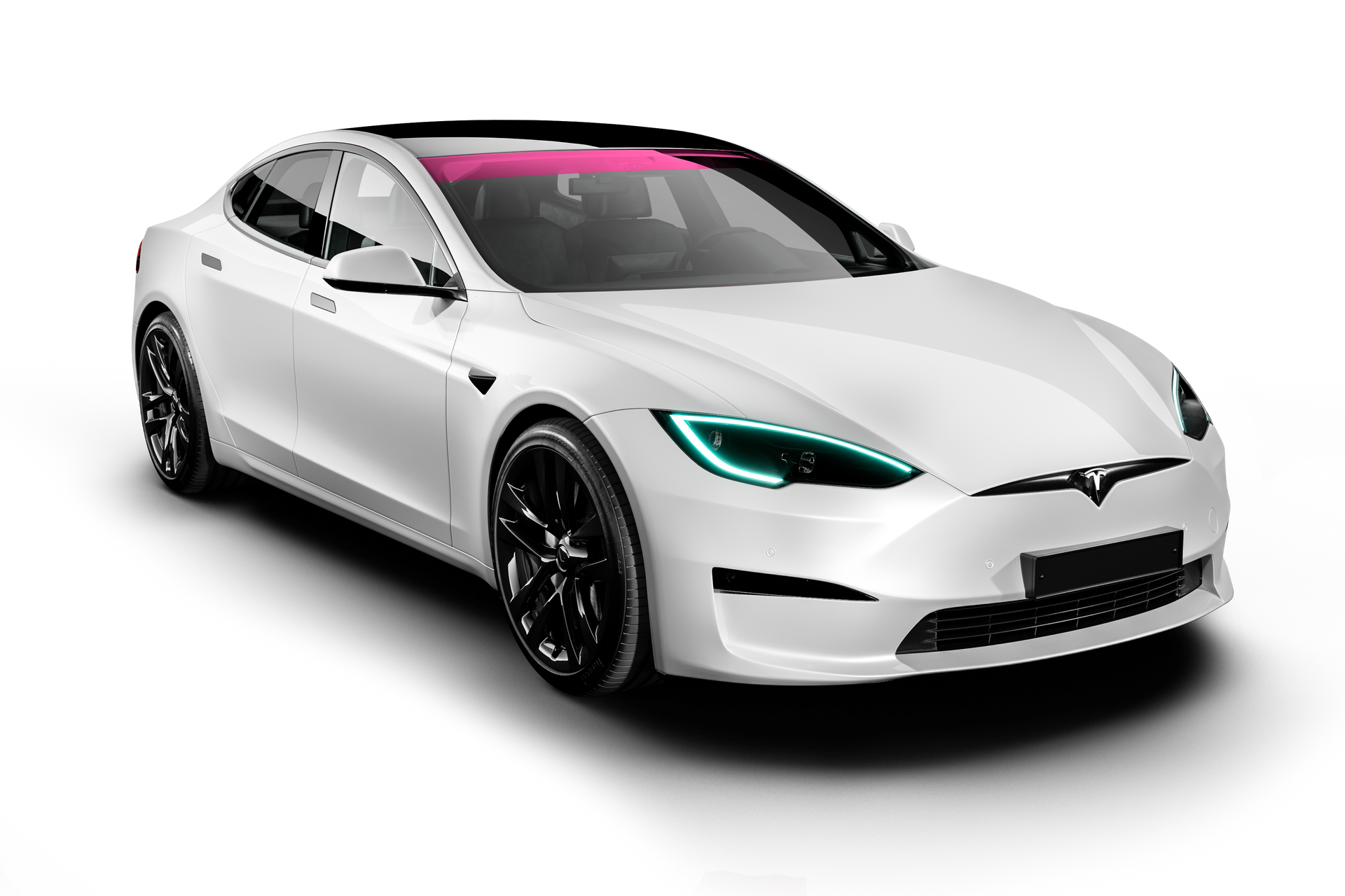 White Tesla sedan with black wheels, tinted glass, and a pink-tinted windshield area.