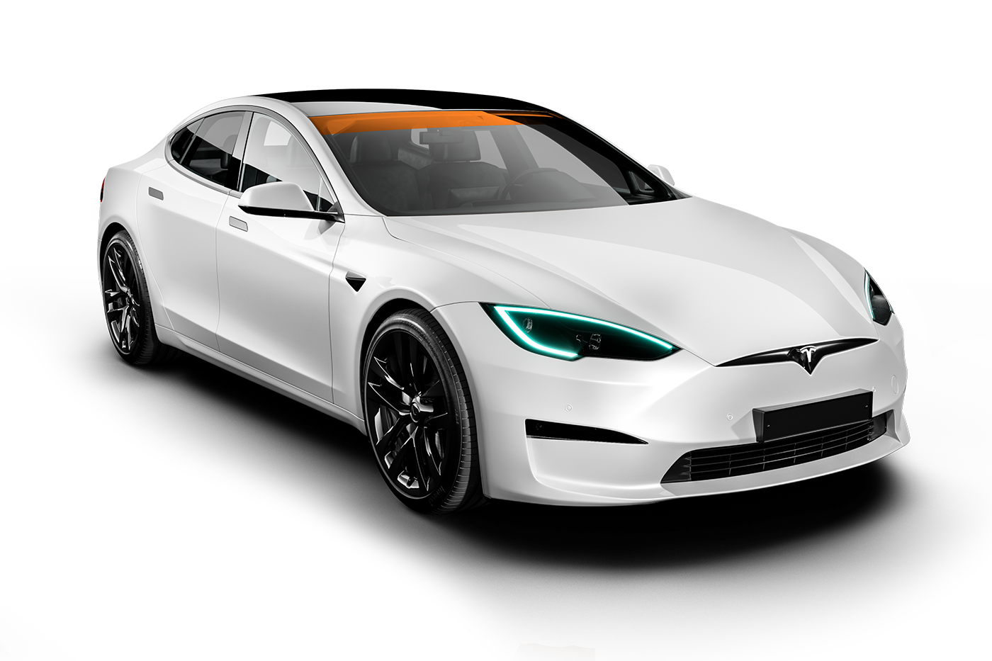 White Tesla sedan with black wheels, tinted sunroof, and illuminated headlights, angled on a white background.