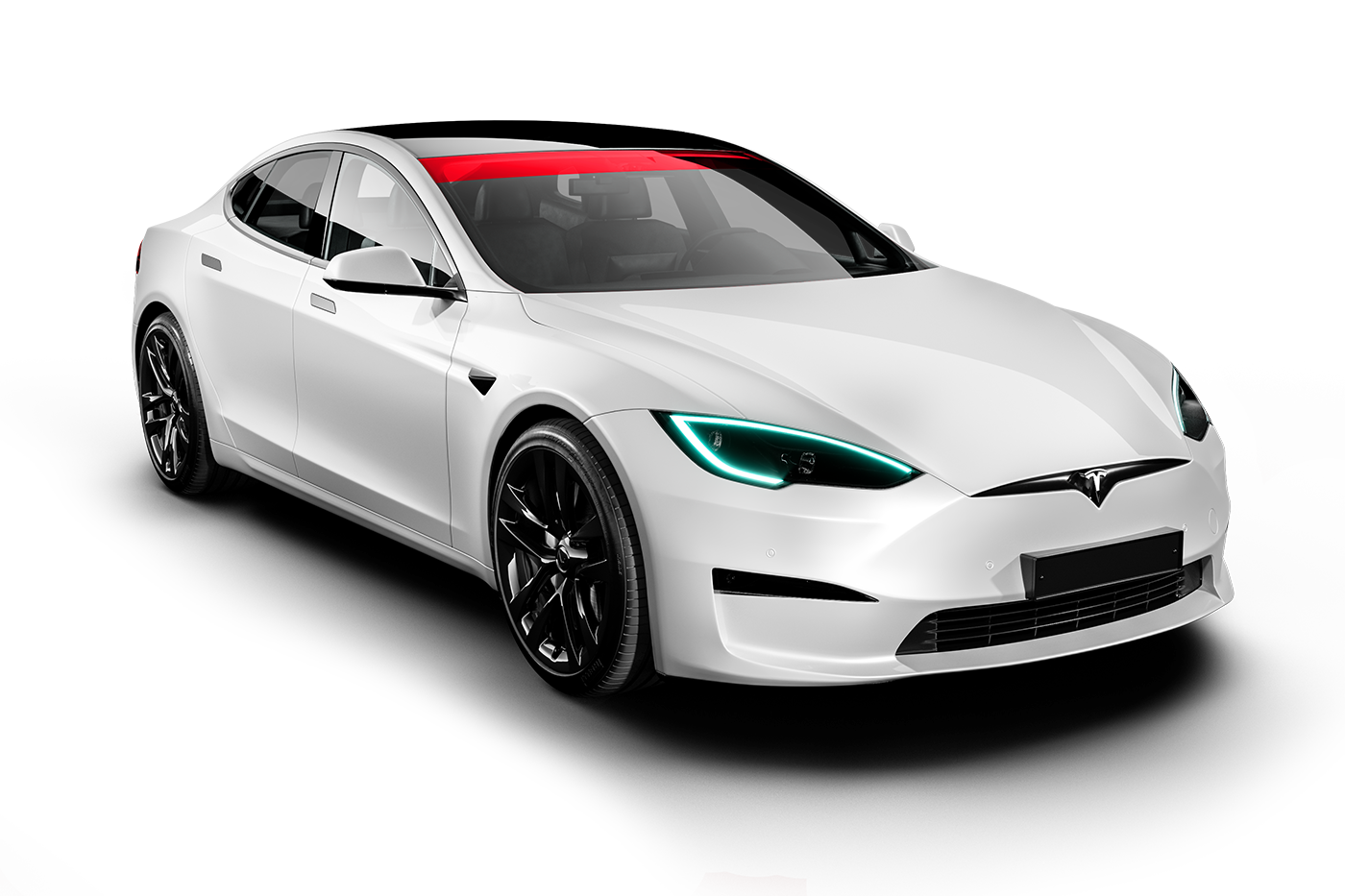 White Tesla car with black wheels, red stripe at the top of the windshield.