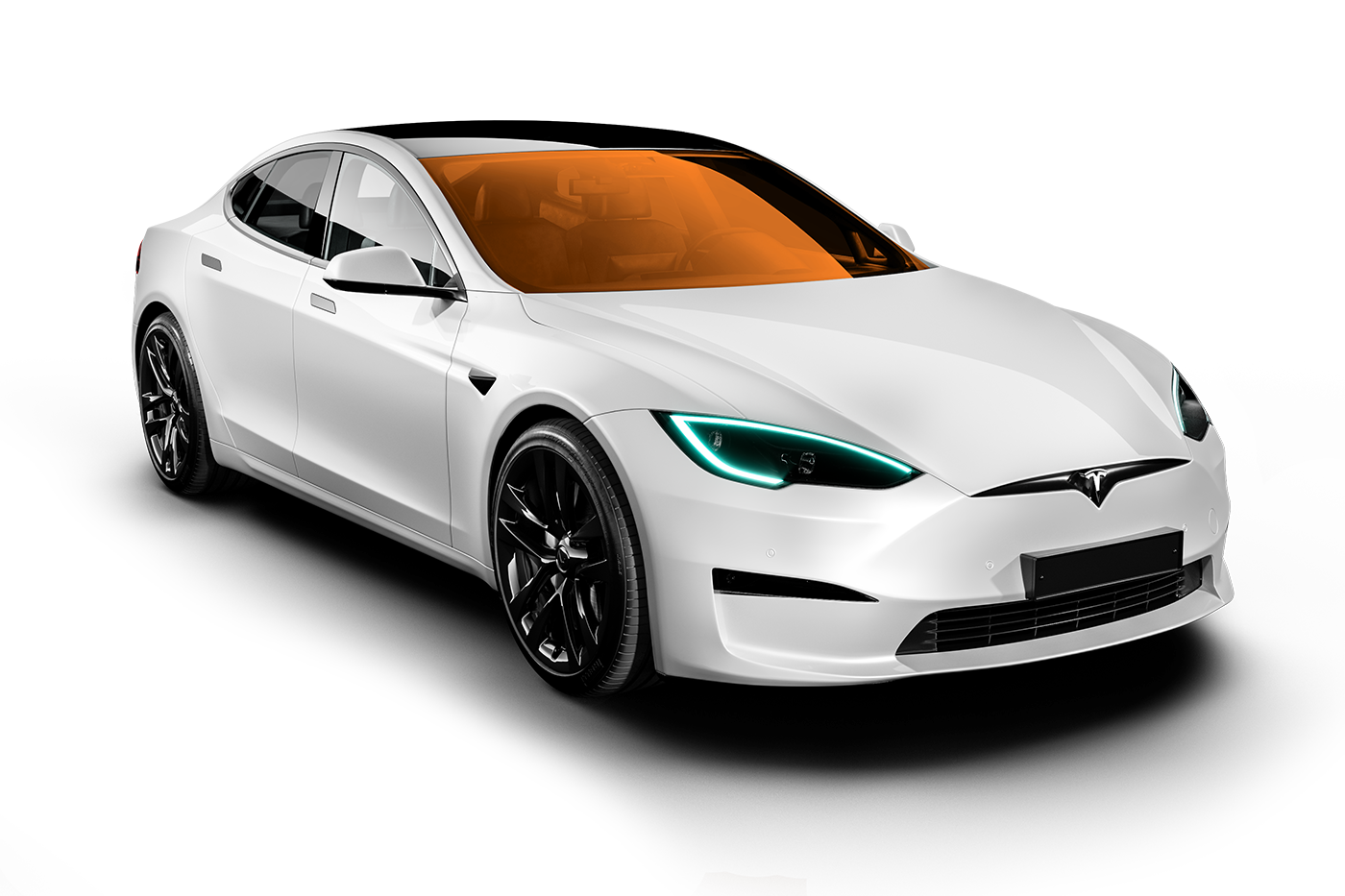 White Tesla sedan with black wheels, tinted orange windows, angled forward.