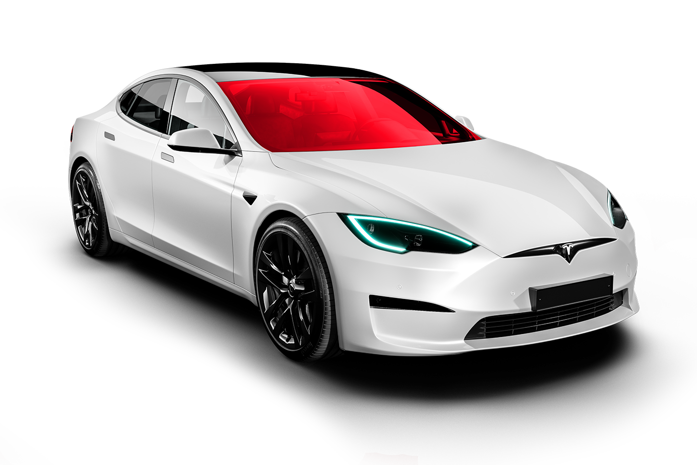 White Tesla Model S with red tinted windshield on a white background.