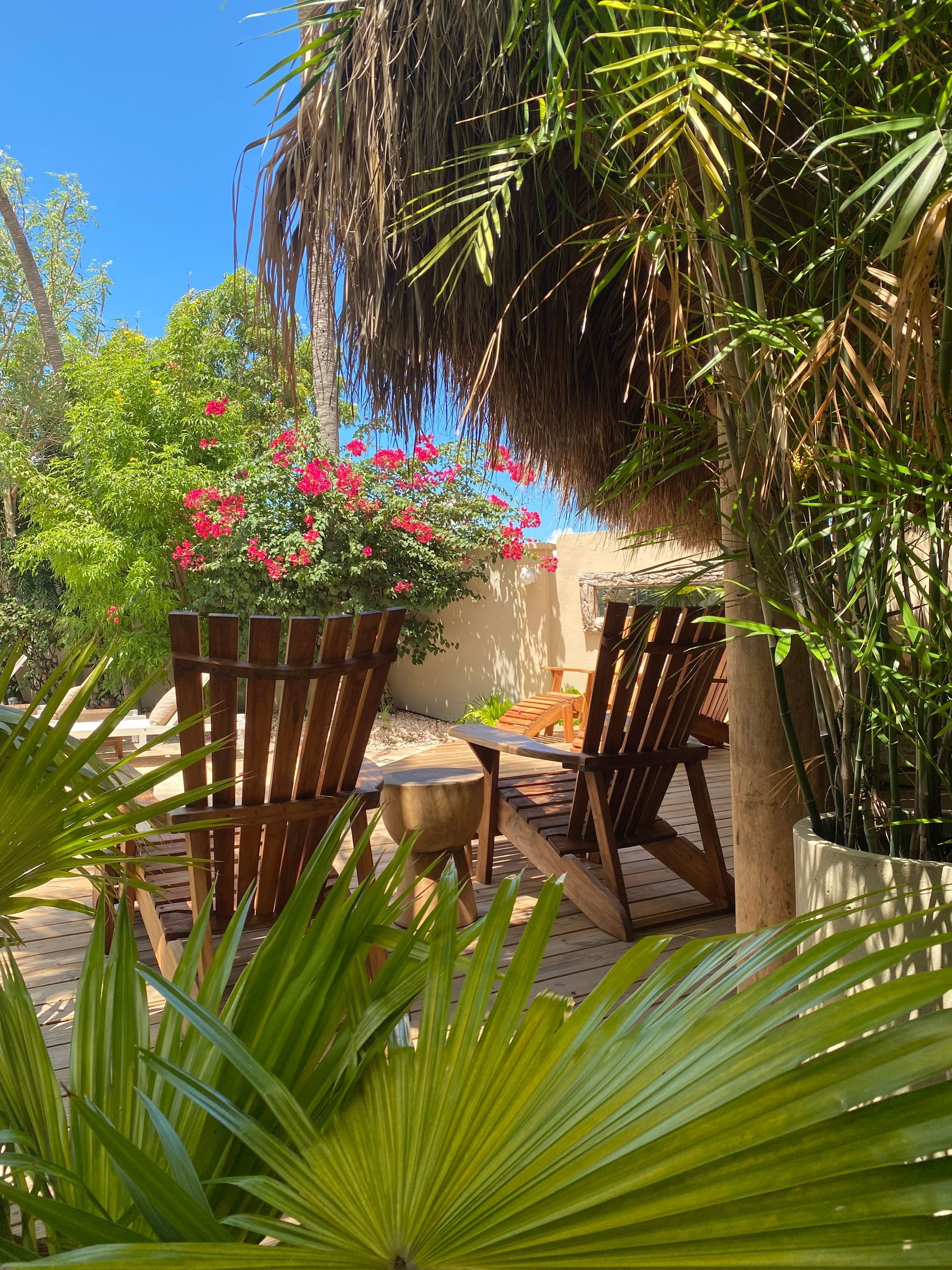 Two wooden chairs and table sit under palm trees near pink flowers; sunny outdoor setting.