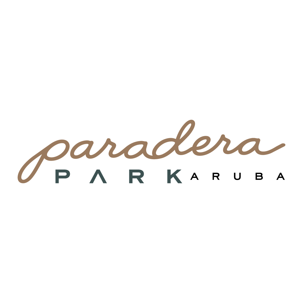 Logo for Paradera Park Aruba, in a square with caramel, teal, and black text.