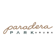 Logo for Paradera Park Aruba, in a square with caramel, teal, and black text.