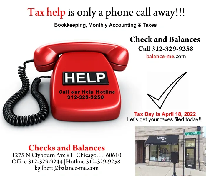 An advertisement for Checks and Balances tax services in Chicago, featuring a red telephone and contact information.