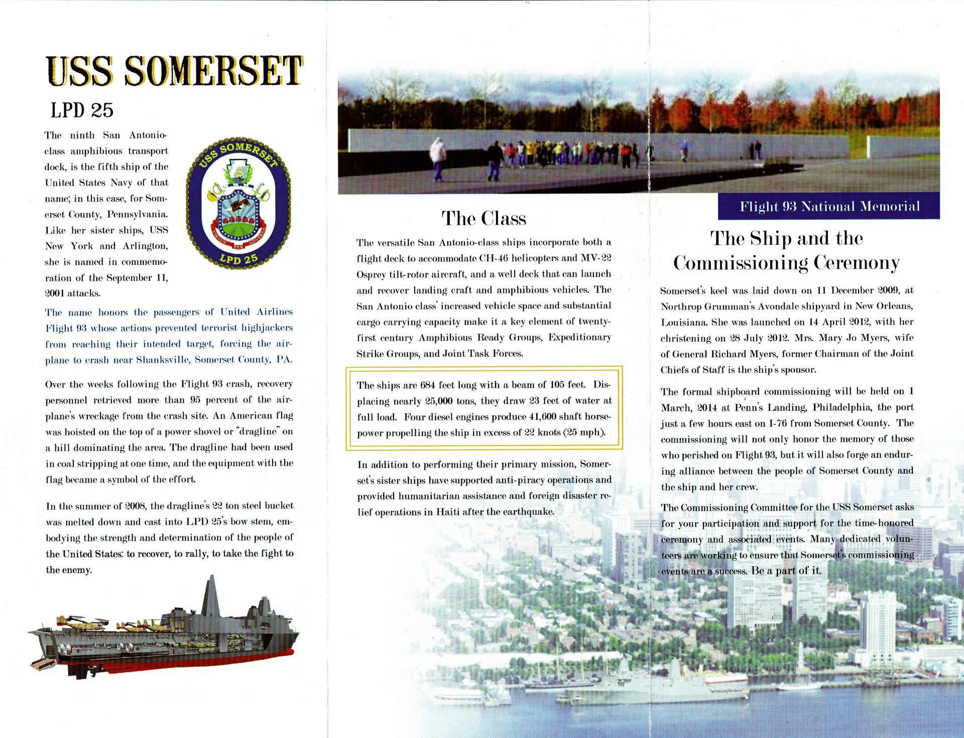 A brochure for the uss somerset shows a ship in the water