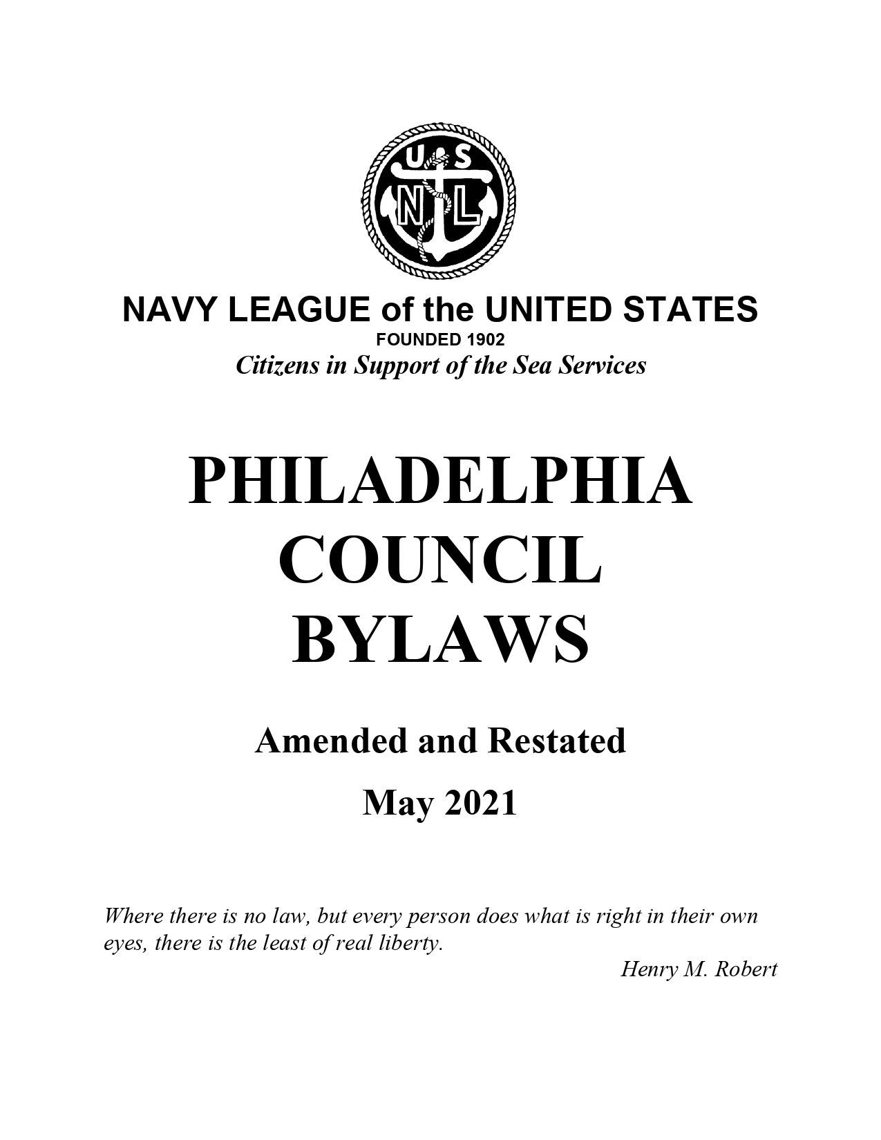 The Cover of The Navy League of The United States Philadelphia Council Bylaws