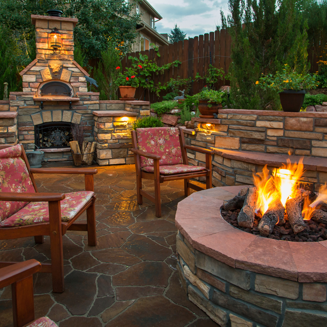 Outdoor fire pit, patio, and fireplace