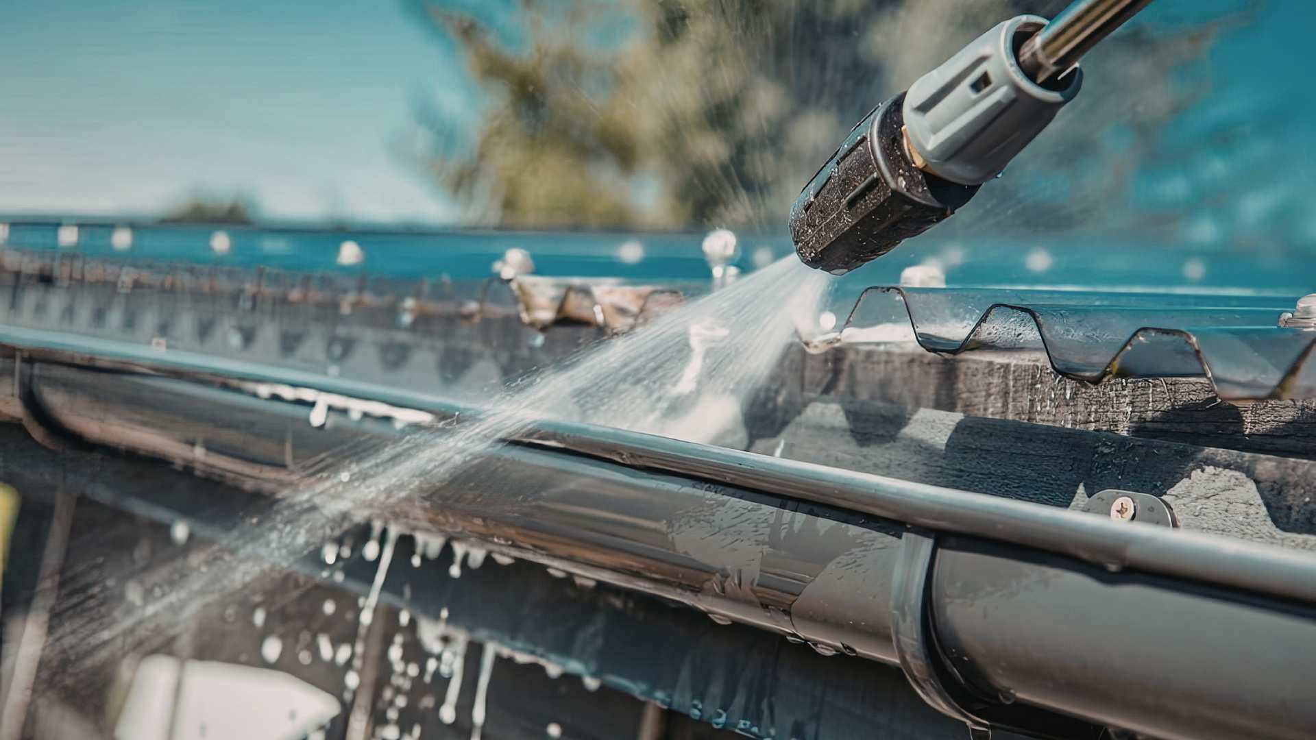 Pressure washer spraying water across a car windshield in a close-up outdoor cleaning scene