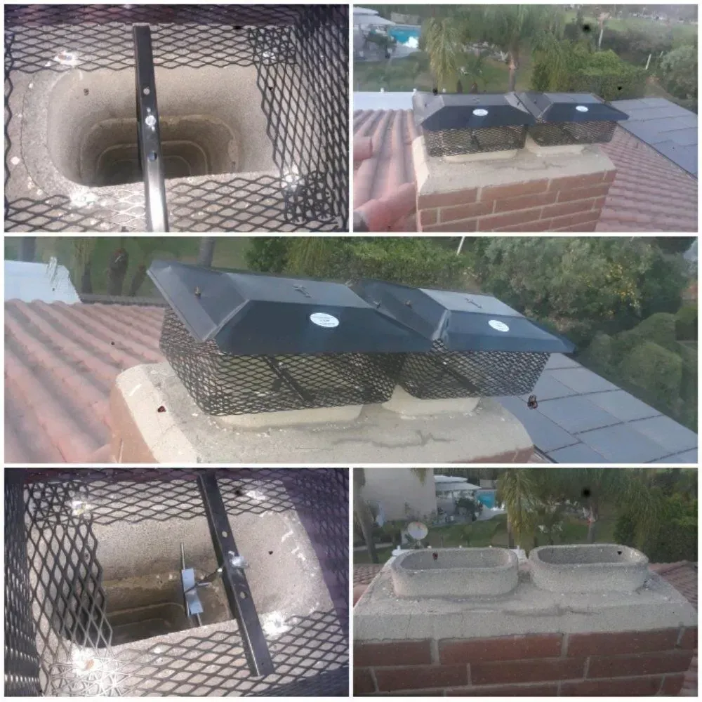 Chimney repair showing installed metal mesh and chimney caps on a brick structure.