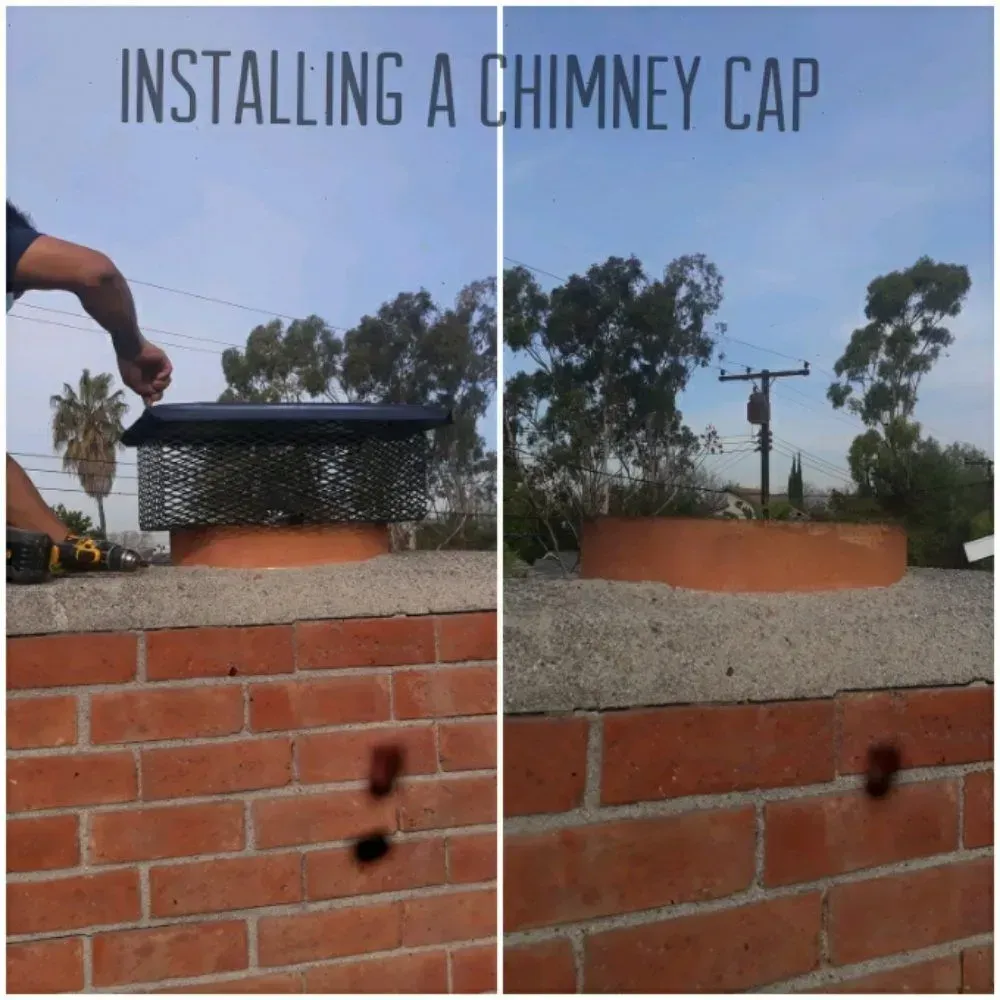 Installing a chimney cap: A person secures a black mesh cap onto an orange chimney.