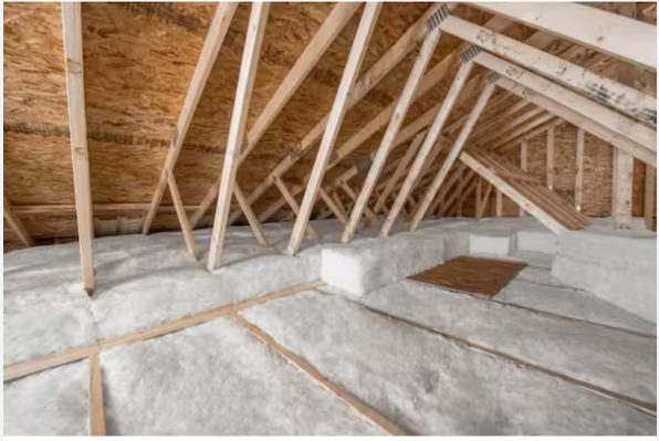 Man in overalls and red shirt installing insulation in an attic.