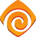 Logo arancione stilizzato a forma di spirale all'interno di un diamante inclinato, con effetto sfumato.