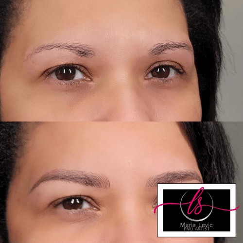 Before and after photos of eyebrows with microblading.