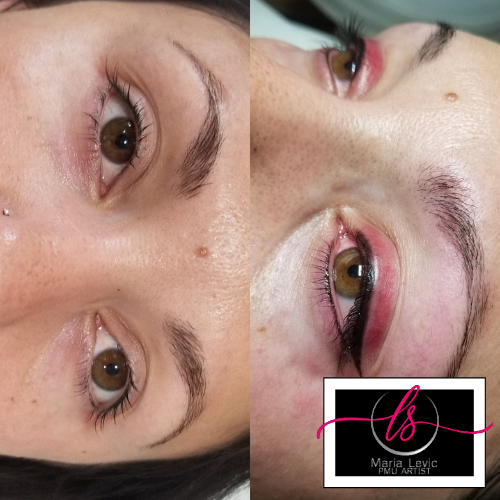 Two photos showing eyebrows, eyelids before & after semi-permanent makeup. Brown eyes, black eyeliner.