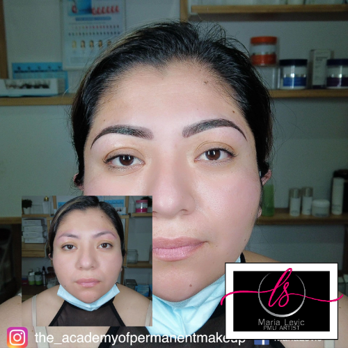 Woman's face with permanent makeup eyebrows. Before and after comparison with logo in corner.