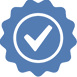 Blue badge with a white checkmark icon