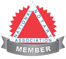 National Notary Association member logo. Red and white triangle with text, inside a red burst, with silver banner.