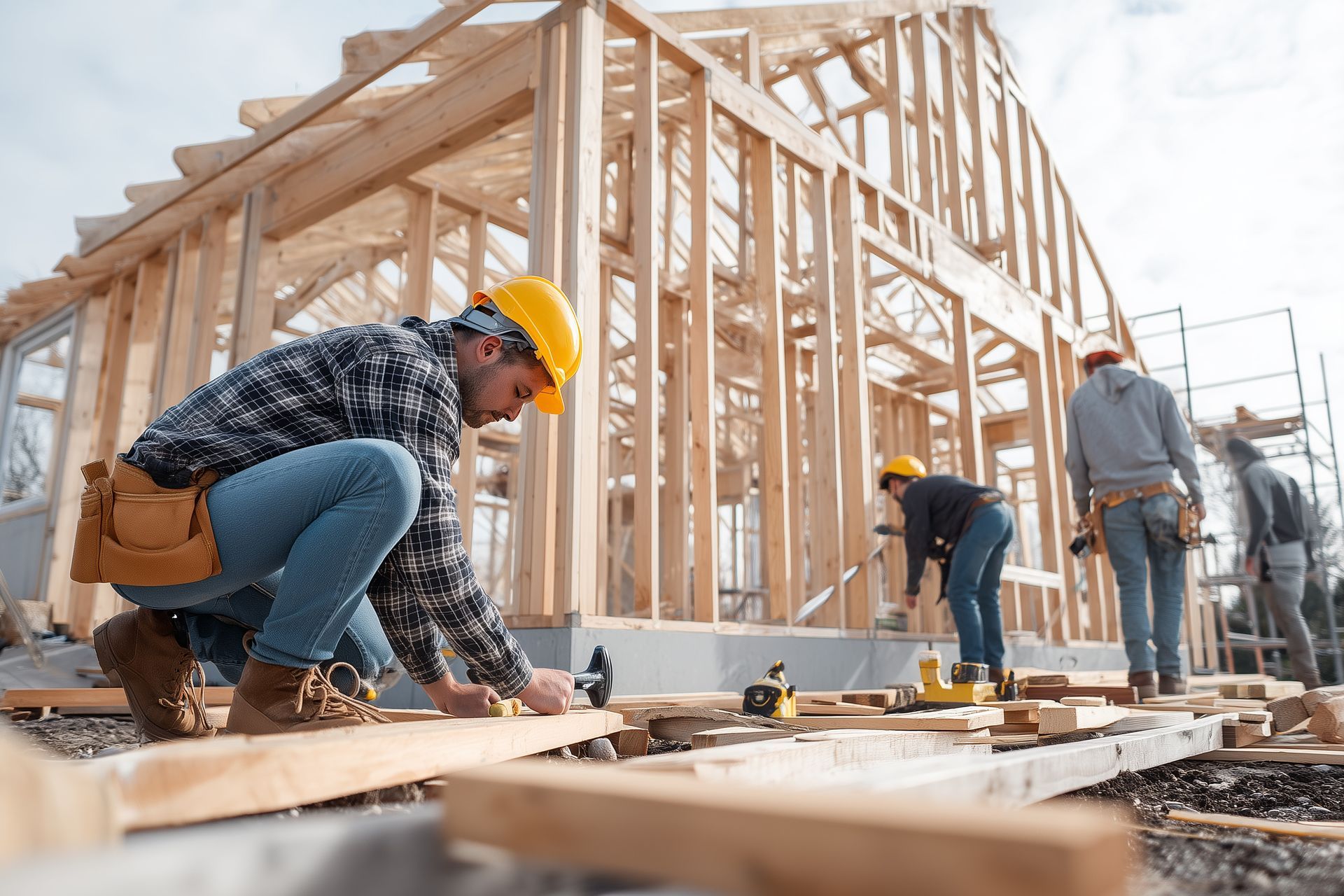 Construction workers building a wooden house frame. One is kneeling, measuring wood; others work nearby.