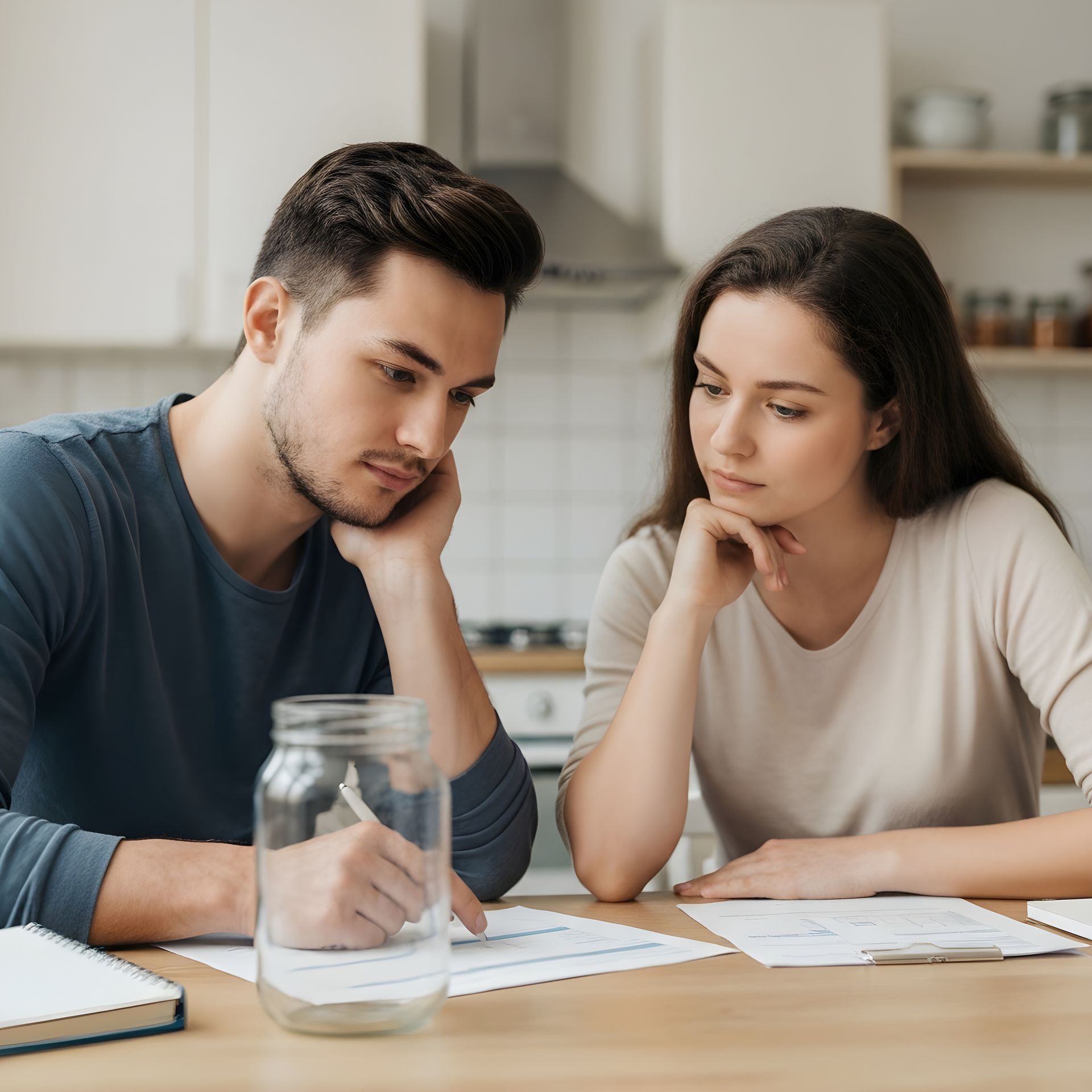 A couple reviews documents at a table in their kitchen, appearing concerned; a jar and notebook are visible.