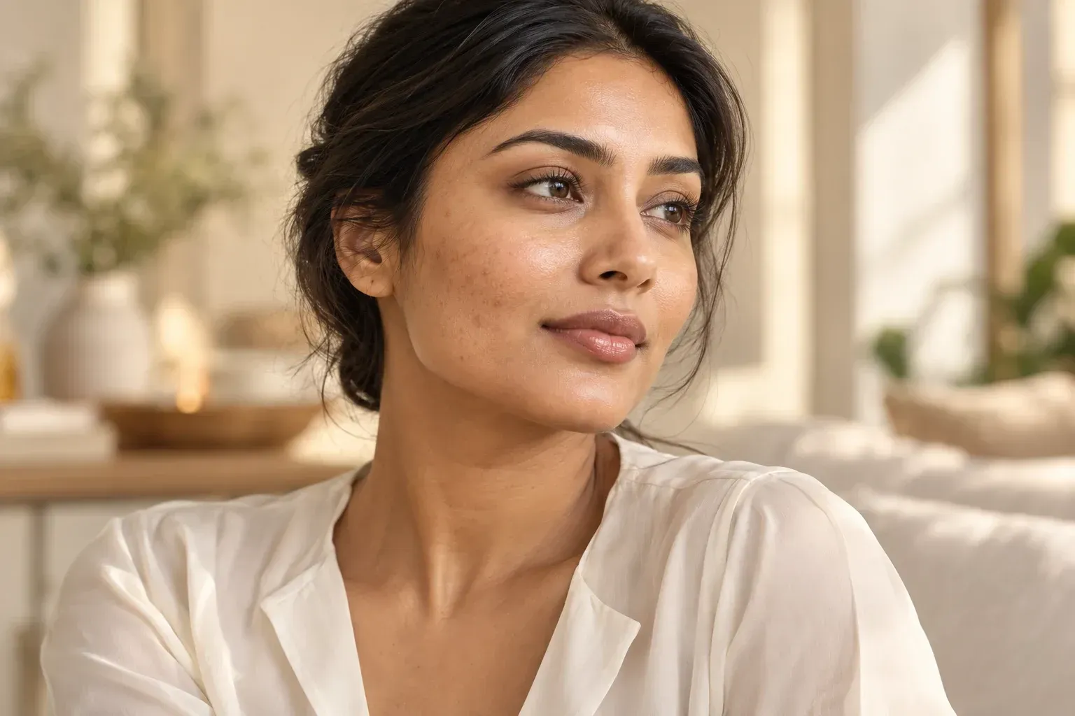 Woman with post-acne dark marks and subtle uneven texture on her cheek.