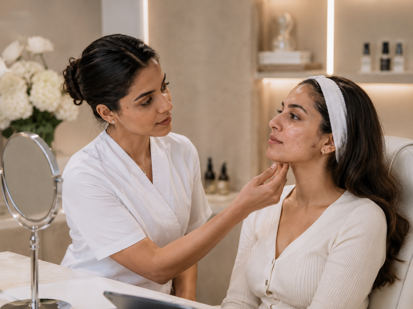 Skin professional assessing active acne and post-acne marks during a personalized consultation in Mi