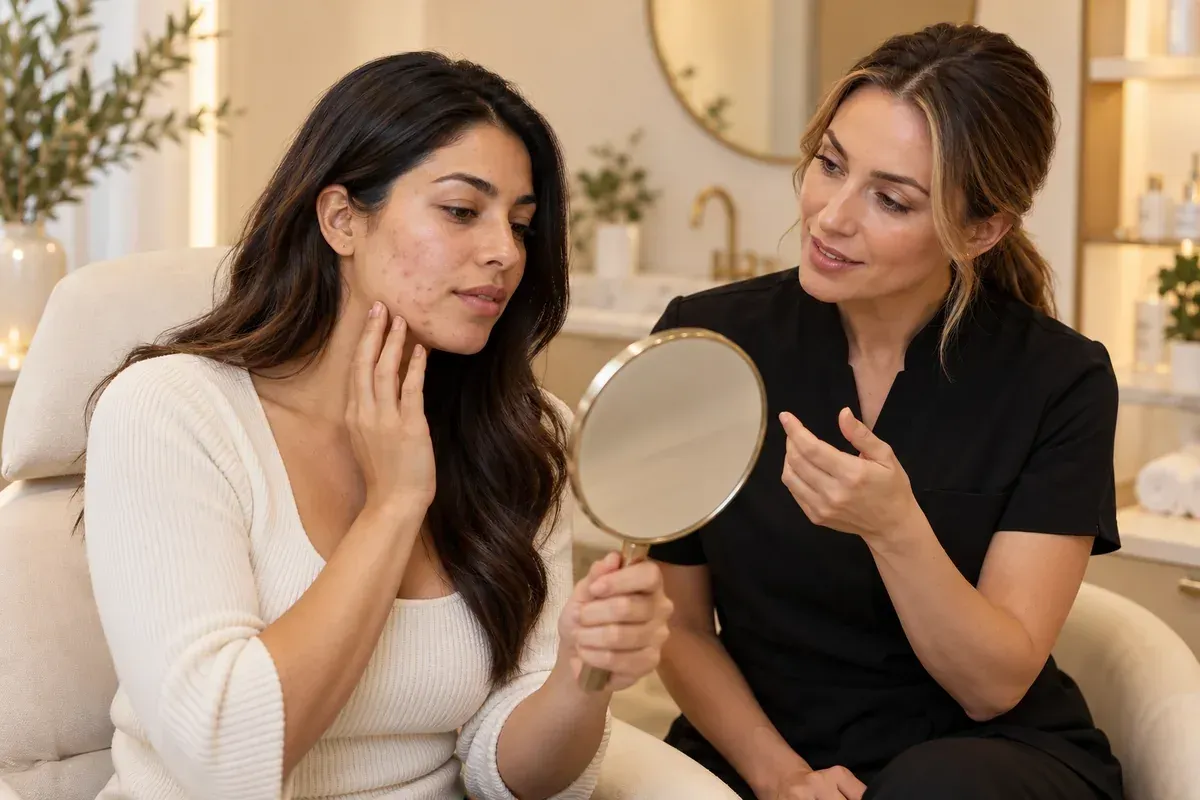 Woman with cheek and jawline breakouts discussing her skin with a skincare practitioner