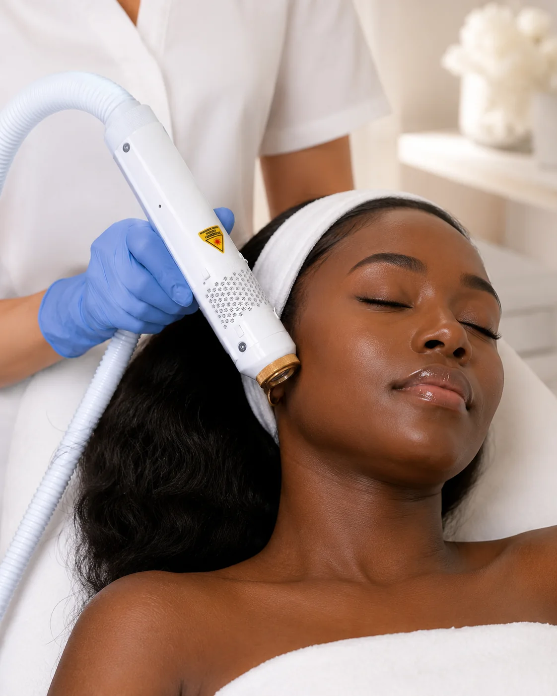 Aesthetic practitioner performing an Aerolase Era Elite laser treatment on a client with melanin-rich skin at Luxe Beauty in Mississauga.