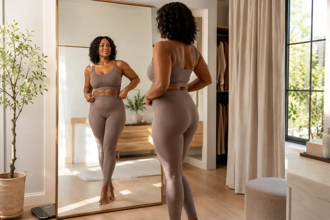 Woman considering body-contouring goals beyond body weight and the number shown on a scale.