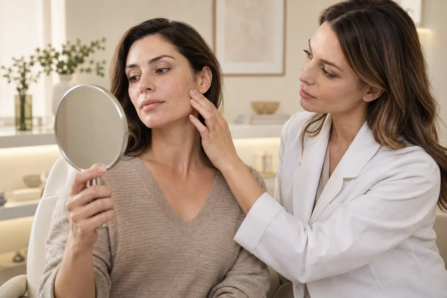 Client having enlarged pores and uneven skin texture assessed by a skin specialist at Luxe Beauty & 