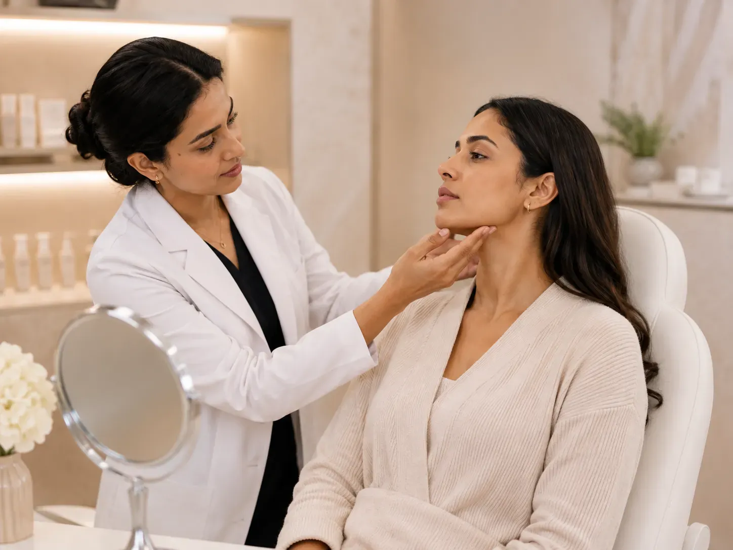 Skin specialist assessing the jawline and neck during a personalized skin rejuvenation consultation