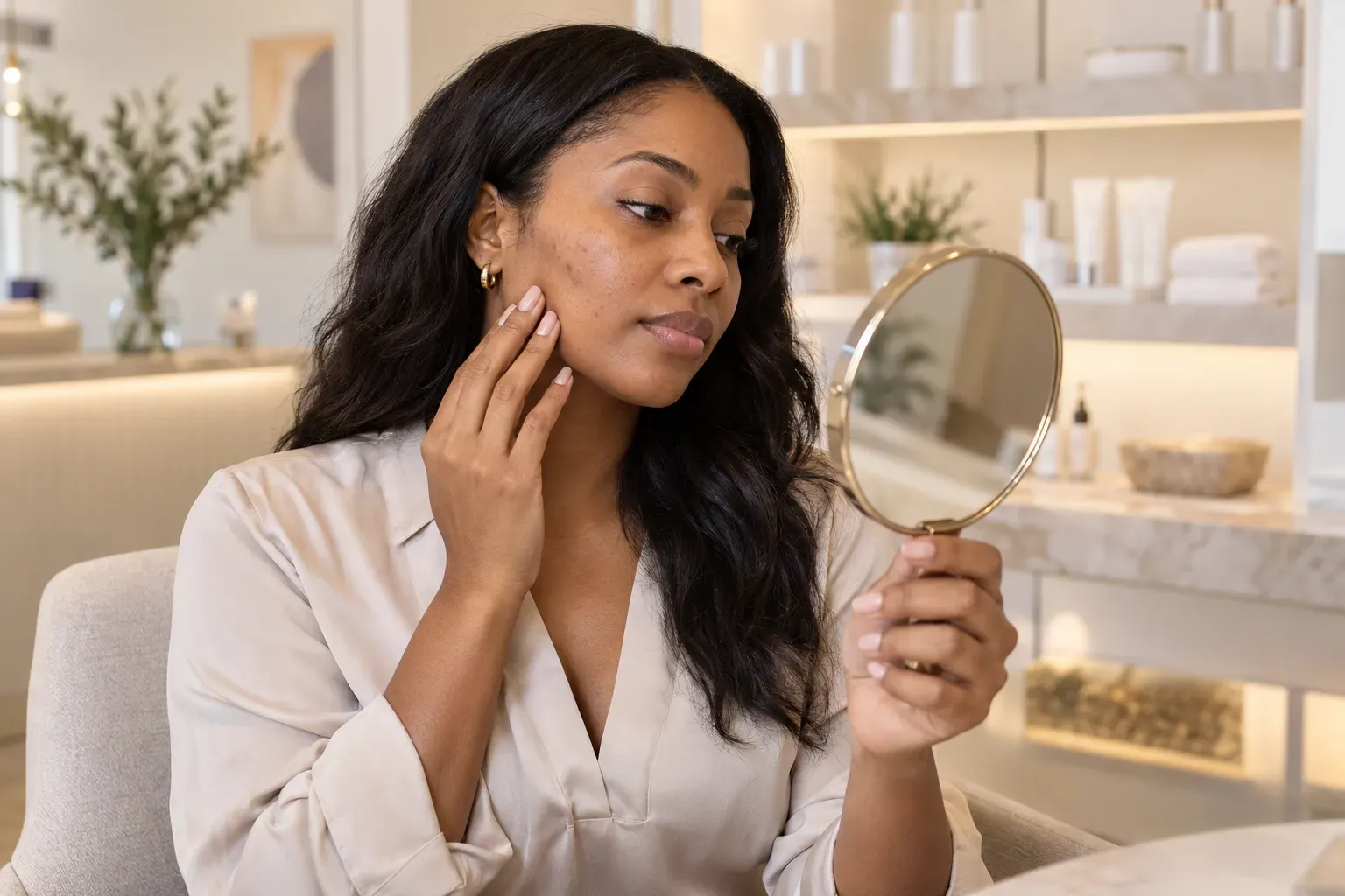 Woman examining acne-prone skin in a mirror during a personalized skincare consultation in Mississau