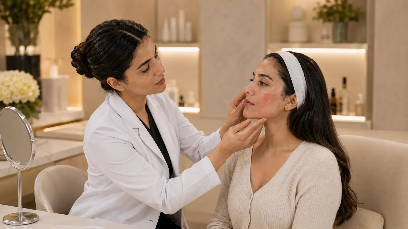 Personalized skin consultation for facial redness and sensitive skin at Luxe Beauty in Mississauga