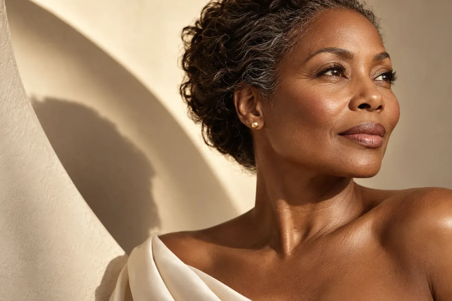 Mature woman with natural skin texture and fine lines in warm golden light.