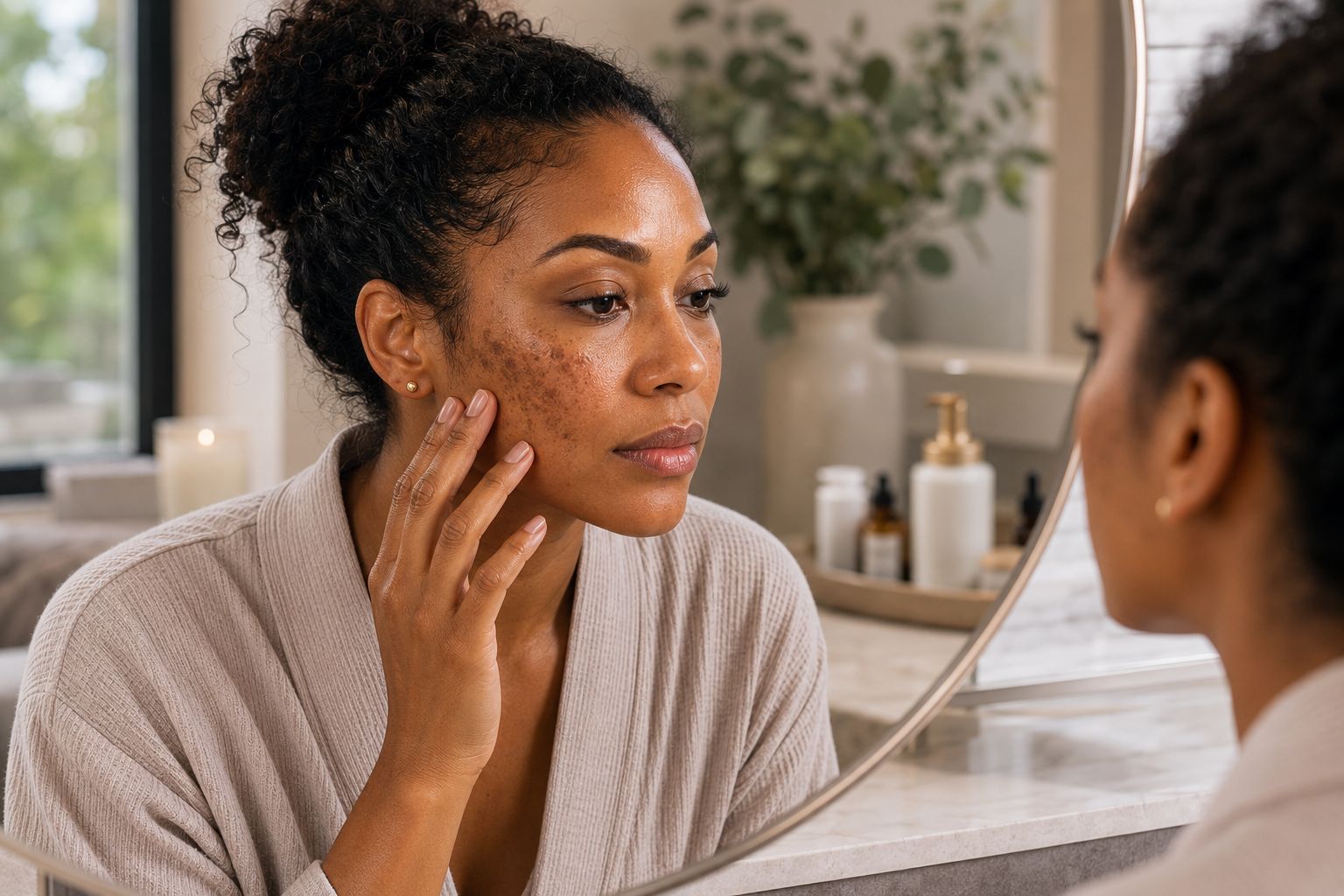 Woman with melasma and facial pigmentation concerns assessing uneven skin tone before personalized treatment at Luxe Beauty & Wellness Spa.