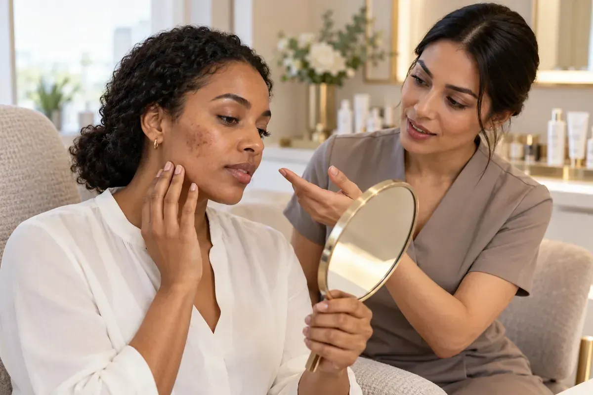 Client discussing post-acne dark marks with a skin practitioner during a skincare consultation at Lu