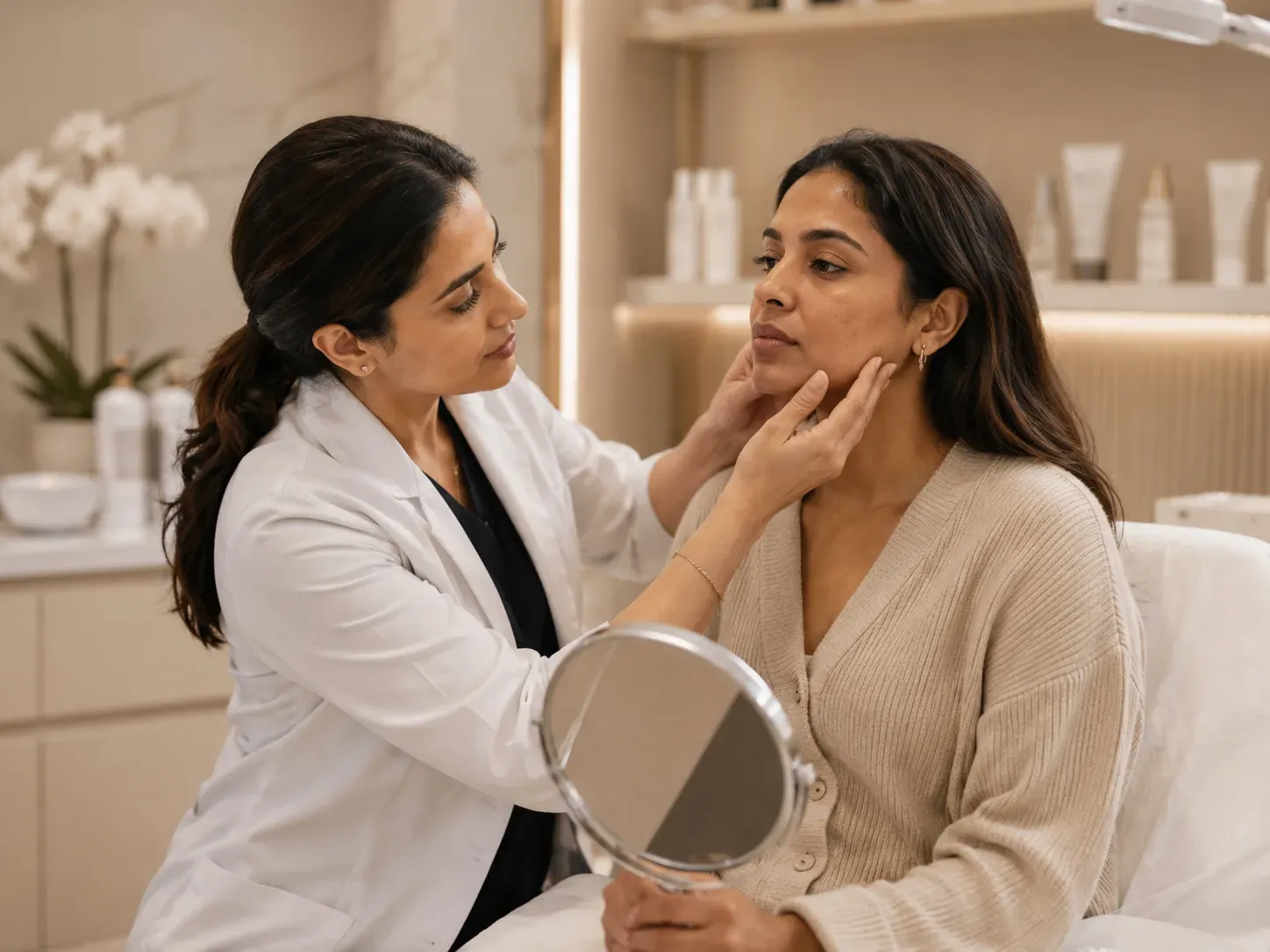 Professional skin assessment for firmness and skin rejuvenation at Luxe Beauty in Mississauga