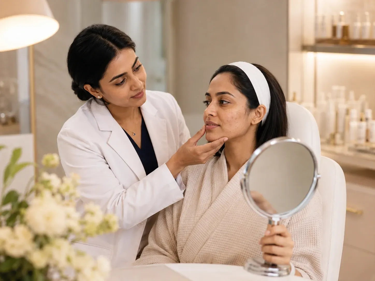 Skin specialist assessing visible facial pigmentation during a personalized melasma consultation in