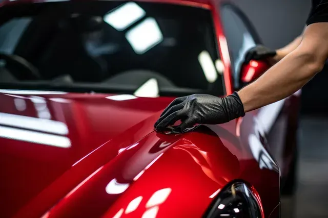 Gloved hand polishing a glossy red sports car in a garage