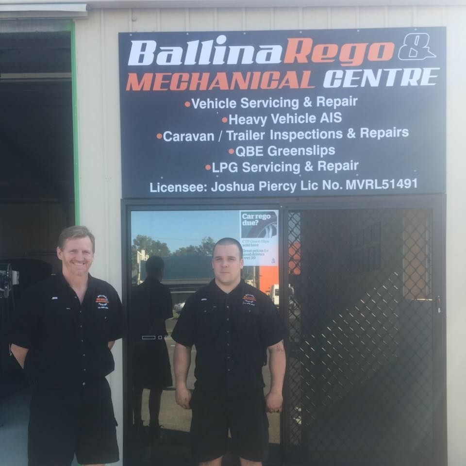Two men standing in front of the workshop — Ballina Rego & Mechanical Centre In Ballina, NSW
