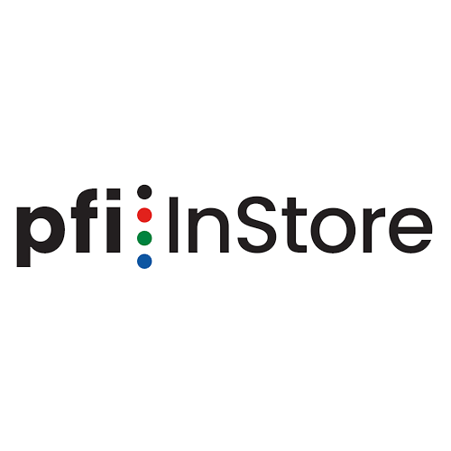 Logo for pfi: InStore, black text with a colored dot series.