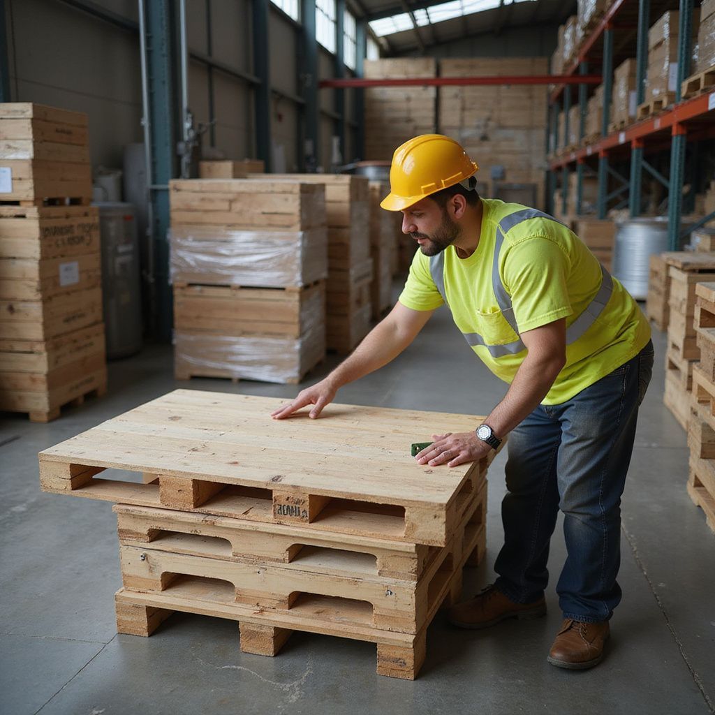 Warehouse worker inspecting wooden pallets, wearing hard hat and safety vest.