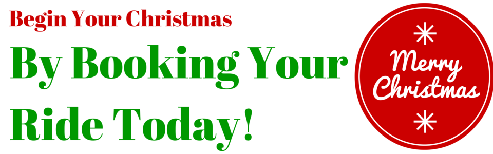 Christmas ride promotion with green and red text and a red “Merry Christmas” ornament logo