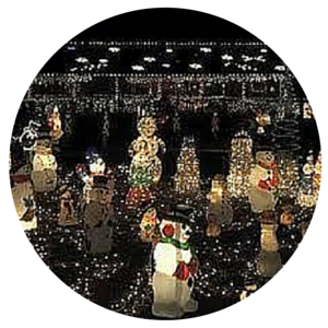 Crowded holiday light display with glowing Christmas figures in a dark outdoor setting