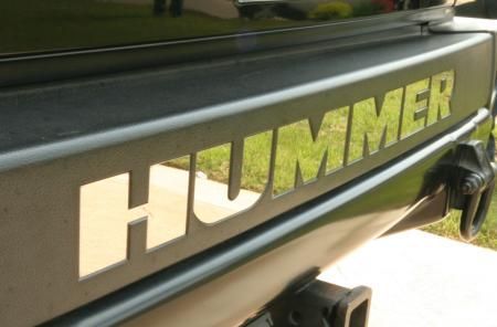 Close-up of a black HUMMER vehicle with large gold lettering on the side.